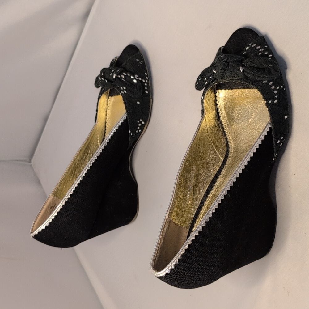 Sam Edelman Black & Silver Canvas Peep Toe Wedge Heels - Picture 6 of 16